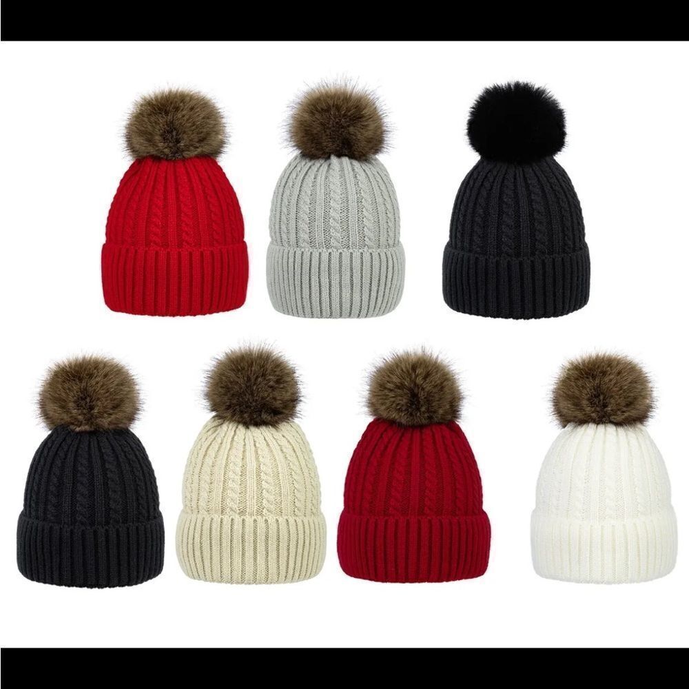 Women Fleece Beanie Hat Knit Plain Solid Winter Warm Hat with Faux Fur Pom